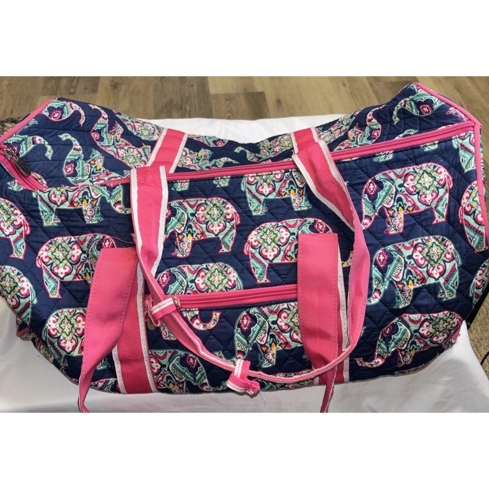 N. Gil Quilted Duffle Bag Elephant Print Navy Pink Weekender Travel